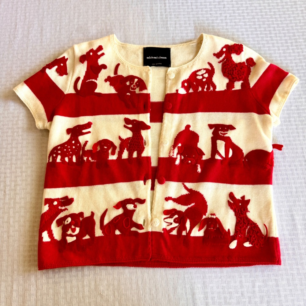 Michael Simon New York Rare Sample Dog Applique Art to Wear Cardigan Red White - Picture 4 of 16